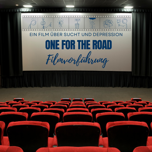 Abbildung eines Kinosaals, darüber der Hinweis auf die Filmvorführung "One for the road".